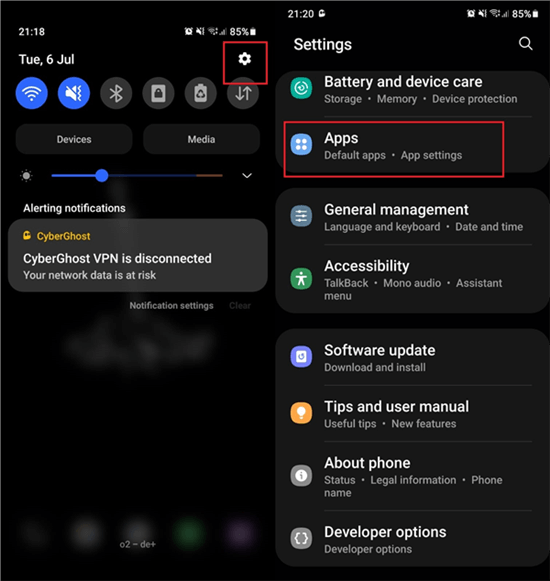 Go to Settings and Find Apps Option