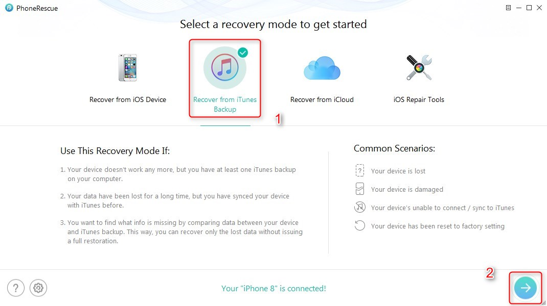 How to Restore iPhone from iTunes Backups with PhoneRescue - Step 1