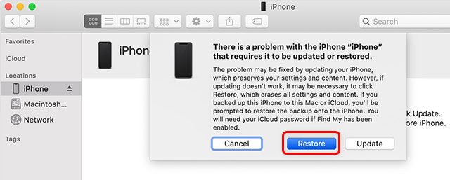 Restore the iPhone with iTunes or Finder