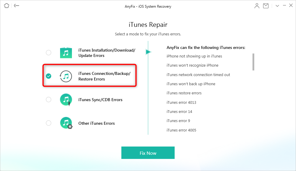 Choose iTunes Connection/Backup/Restore Errors to Fix