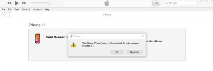 iPhone Restore Error 1 in iTunes