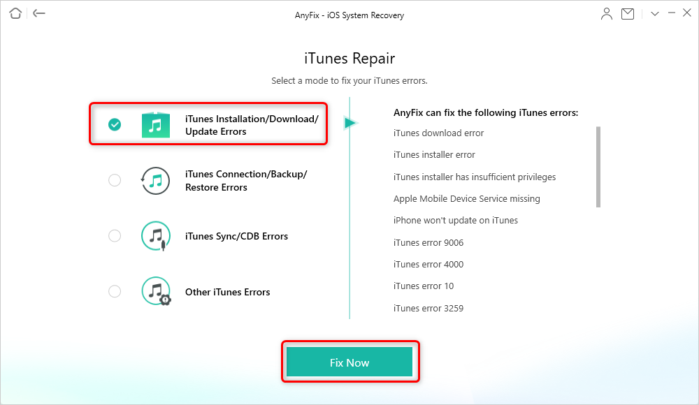 Fix iTunes error with AnyFix - Step 2