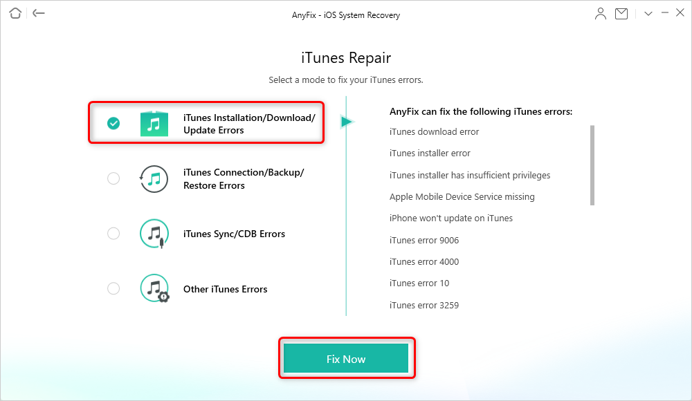 Choose iTunes Error Type in AnyFix