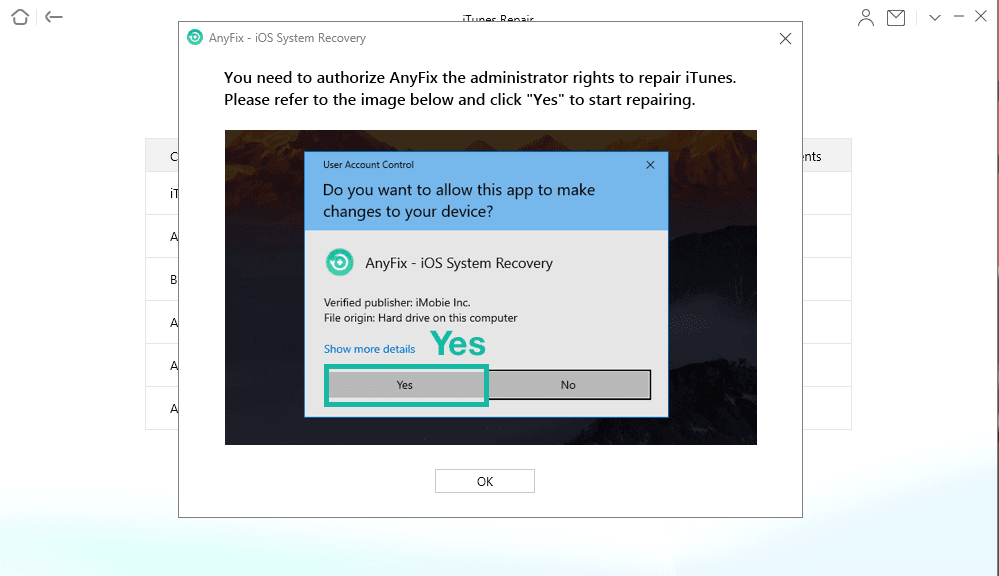 Click Yes to Authorize AnyFix to Repair iTunes