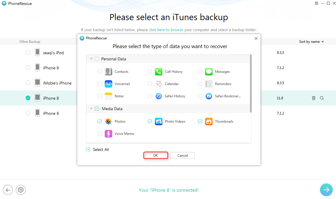 Fix Photos Disappeared from iPhone X/8 with iTunes Backup - Step 3