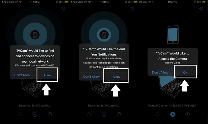 Giving the necessary permissions to the iPhone webcam app