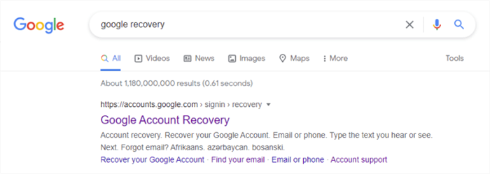 Перейти к учетной записи восстановления Google