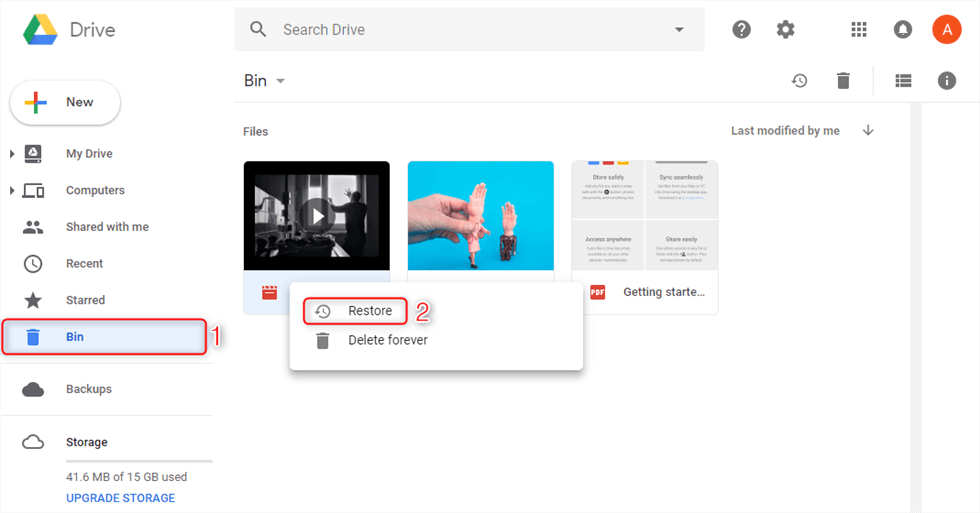  The image shows the Google Drive interface with the 'Bin' folder selected. The 'Restore' button is highlighted, and the 'Delete forever' option is visible. The search query 'Google Drive deleted files recovery' is represented by the image.