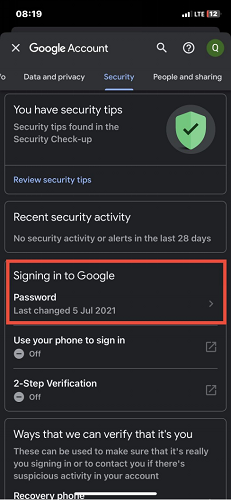 Click Signing in to Google under Security