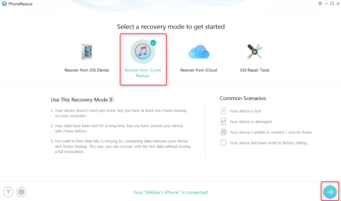 How to Selectively Restore iPhone/iPad with PhoneRescue -Step 1