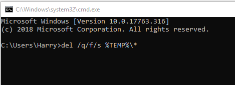 Delete temp files using a command in command prompt window