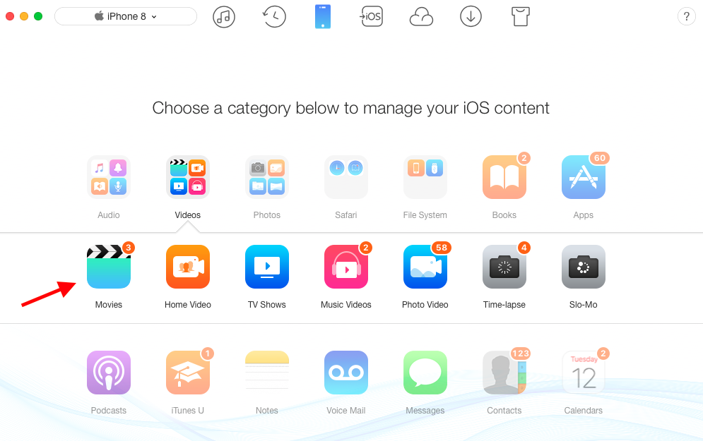 How to Delete Video/Movies from iPhone 8/X - Step 2