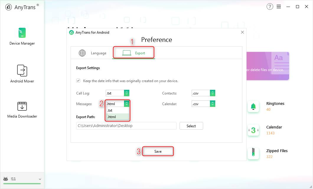 Steps to Export SMS to TXT or HTML on Android – Step 2