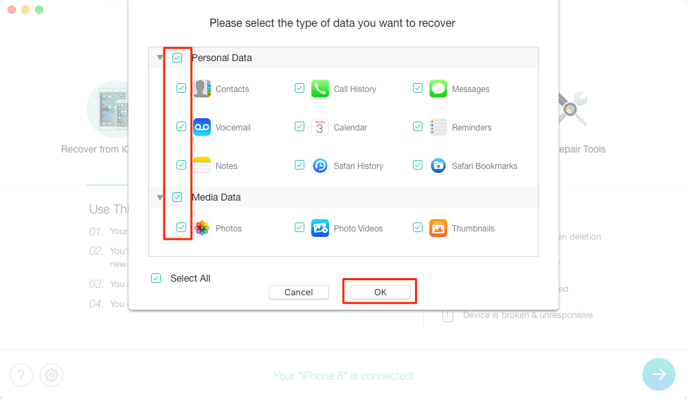 How to Fix iOS Data Disappear from iPhone 6s/7/8/X – Step 2