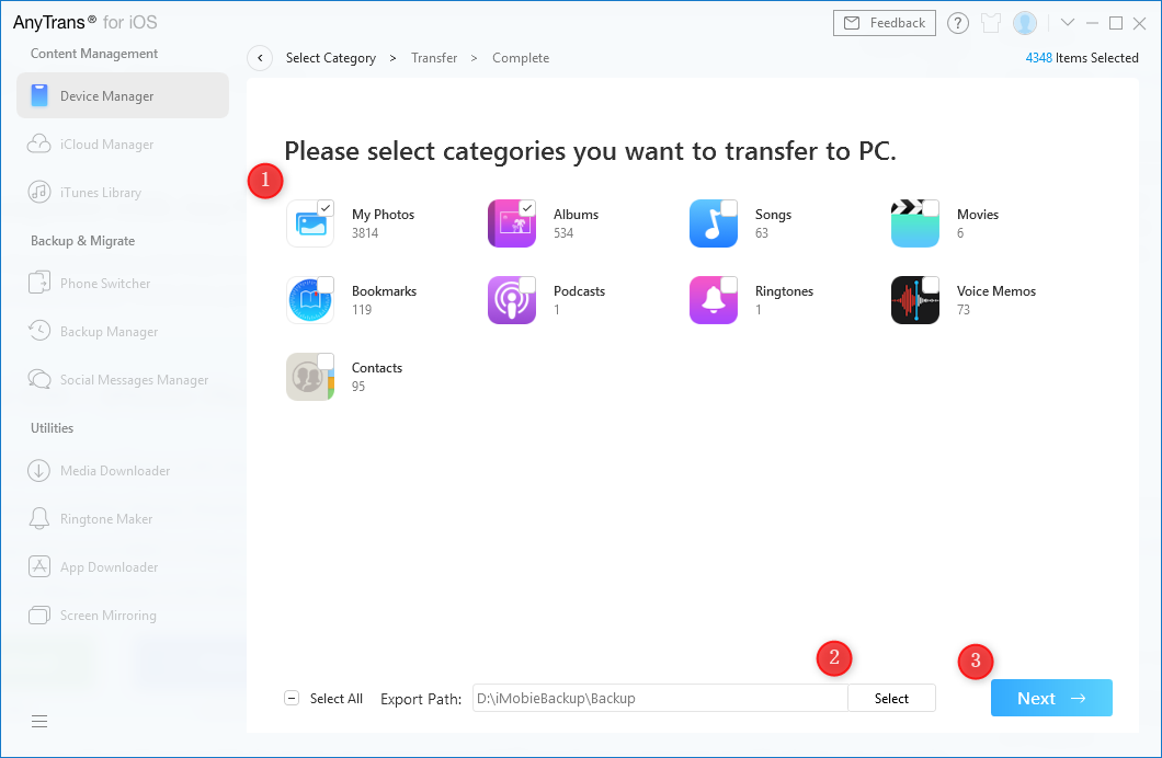 Transfer All Photos from iPhone to PC with AnyTrans – Step 3
