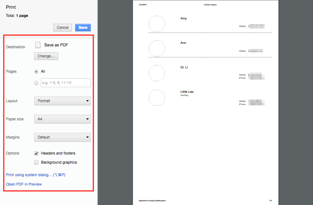 How to Print Contacts from iCloud Directly - Step 3