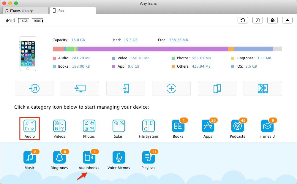 How to Put Audiobooks on iPod with AnyTrans – Step 2
