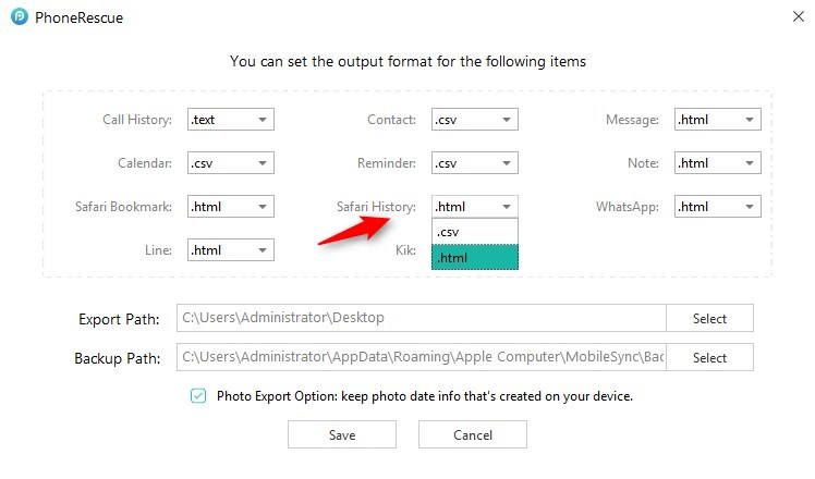 PhoneRescue Output Settings