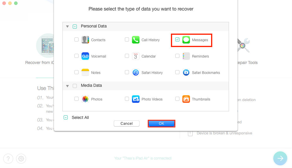 How to Recover Deleted iMessages on iPad with PhoneRescue – Step 2