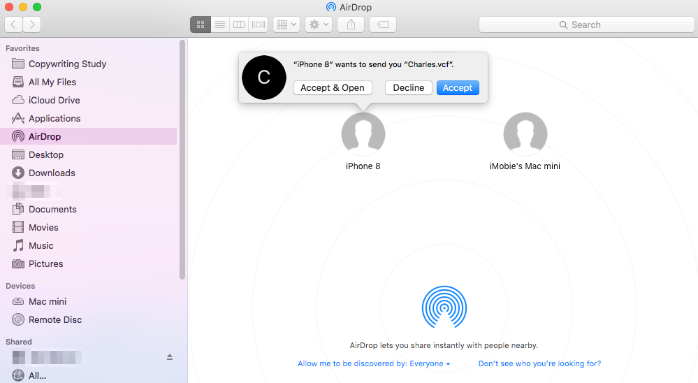 Import Contacts from iPhone X/iPhone 8 (Plus) to Mac with AirDrop