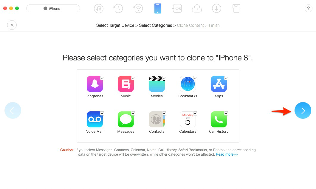 How to Transfer Data from iPhone 4/4s/5s/6/6s/7 to iPhone 8/X At Once – Step 3