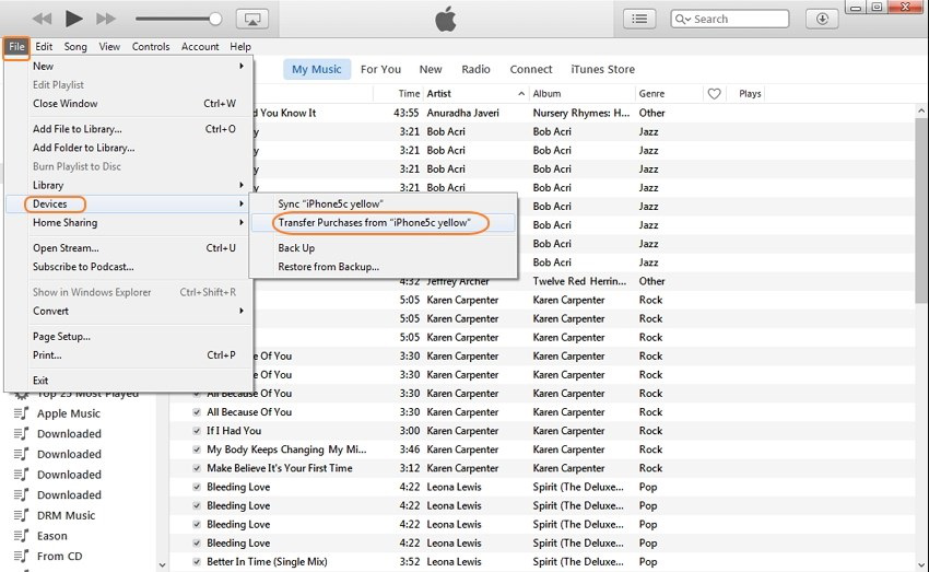 Transfer iPhone Purchases to iTunes with iTunes - Step 2