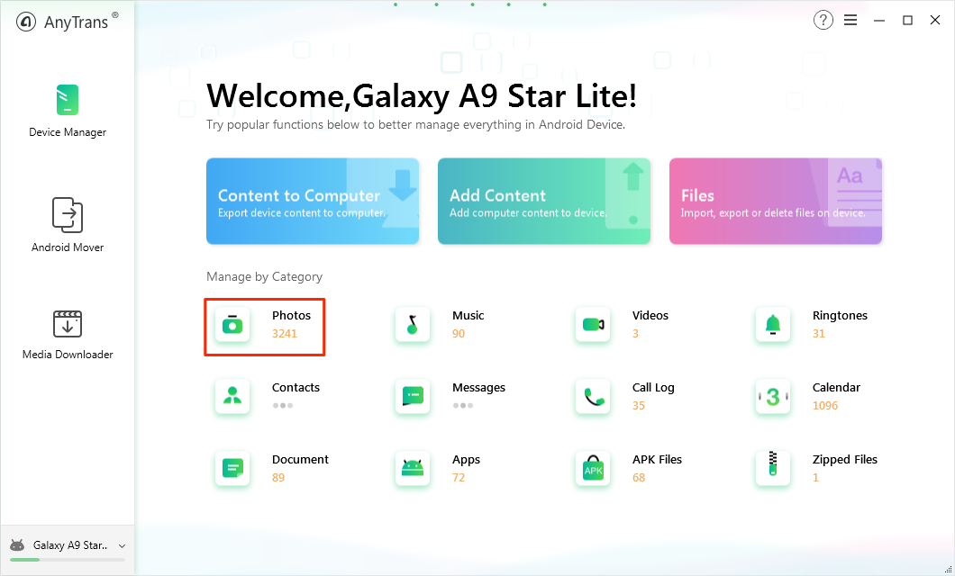 Access the Photos section to transfer photos to SD card in the app