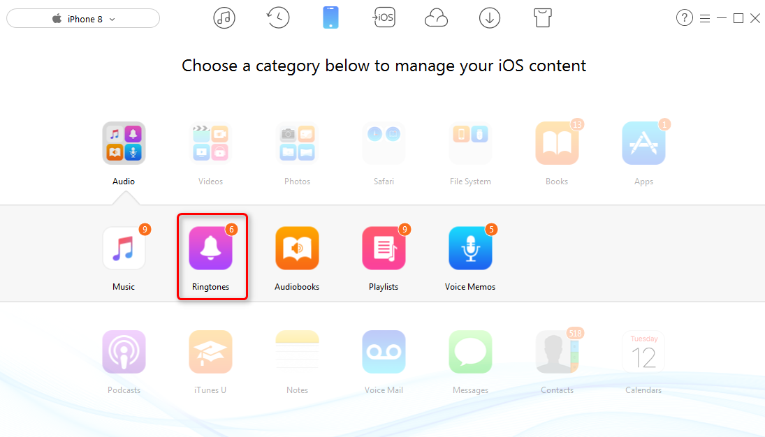 How to Transfer Ringtones from iPhone 8 to Computer - Step 2