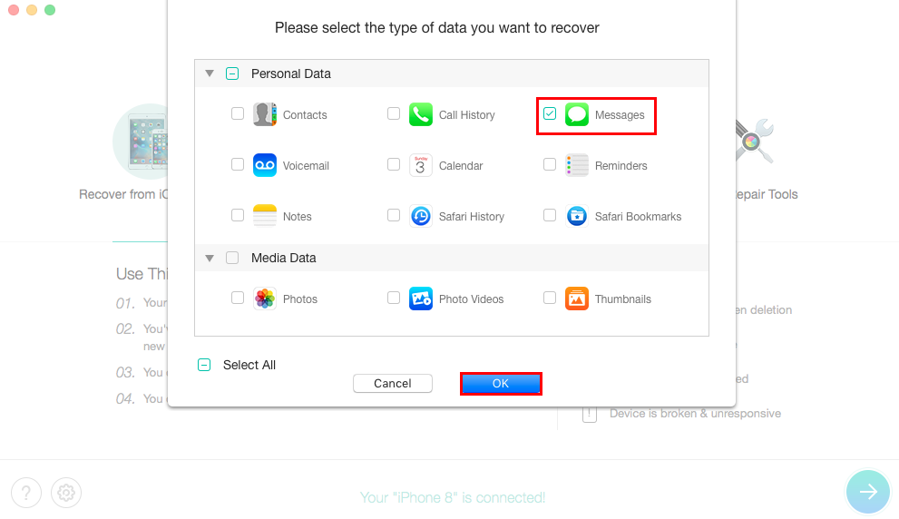 How to Recover Deleted Messages/iMessage from iPhone X – Step 2