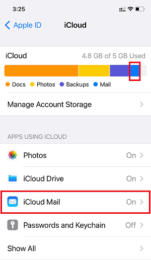 iCloud Mail storage on iPhone