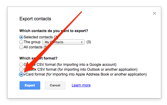 Set Export Format to vCard – Google Contacts