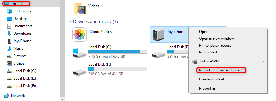 Import iPhone Videos with File Explorer