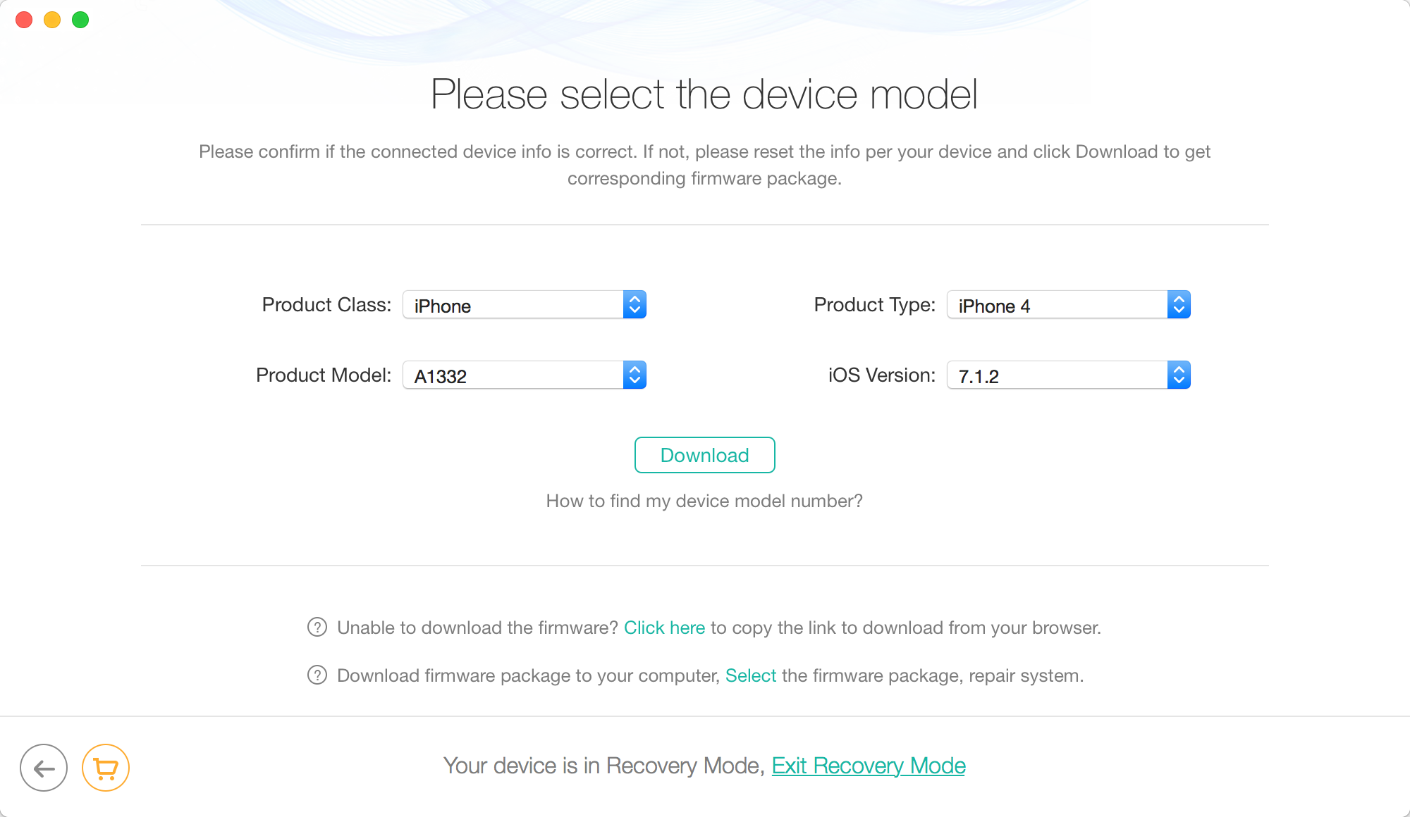 Please reset перевод. Download Firmware package?. Reboot IOS System Repair. IOS Versions how to find. Firmware package and device models do not Match,please re-download or select the Firmware package перевод.