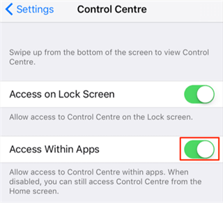 Fix iPhone Swipe Up Not Working - Enable Access to Control Centre within Apps