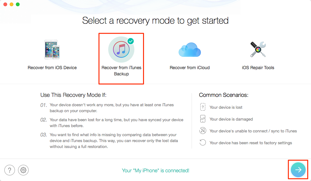Correctly Locate Corrupt or Not Compatible iTunes Backup with PhoneRescue for iOS – Step 2