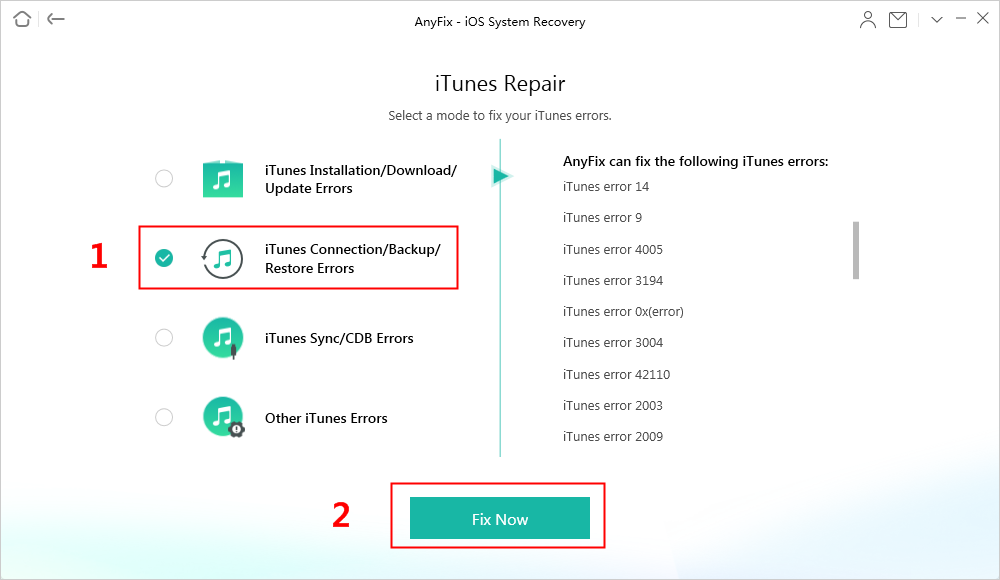 Choose iTunes Connection/Backup/Restore Errors