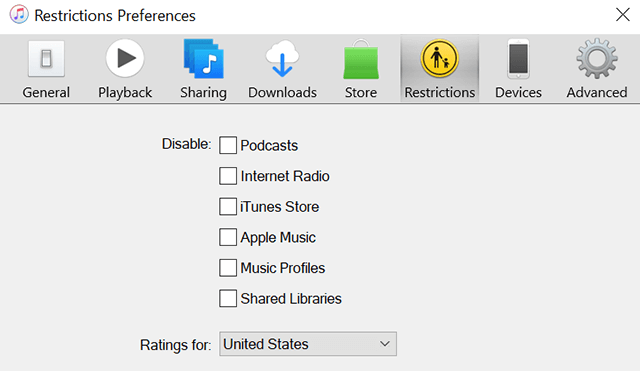 Disable iTunes Restrictions