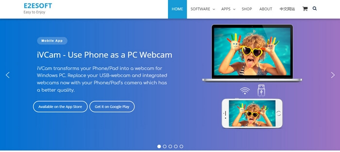 iVCam Webcam official webpage interface