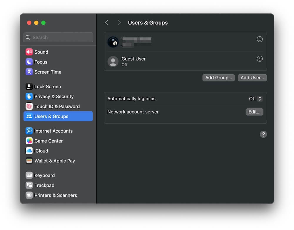 macOS Users & Groups setting