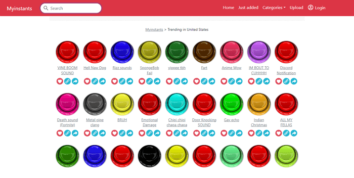 Myinstants soundboard webpage interface