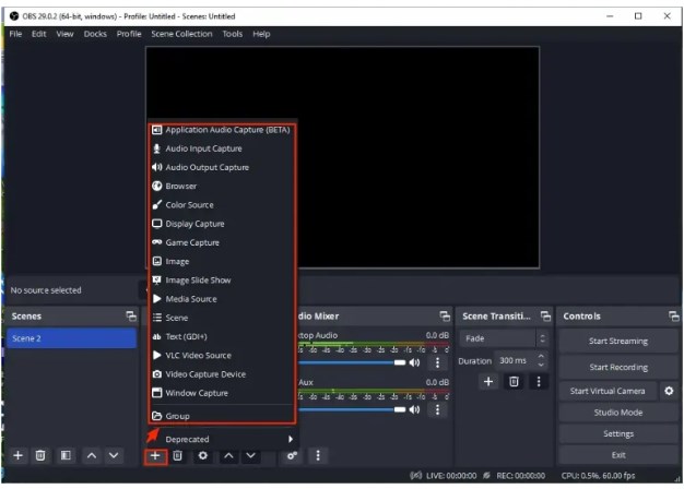 OBS Studio source menu