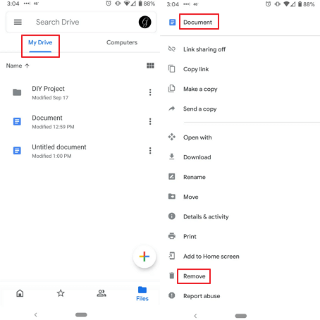 Open Google Drive and Click Remove