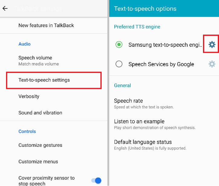 Open Samsung Text-to-Speech Settings