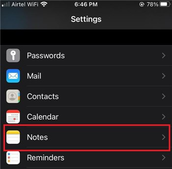 Open Settings and Choose Notes on iPhone