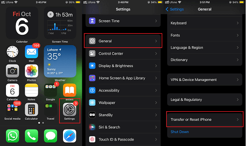 Opening Transfer or Reset iPhone settings