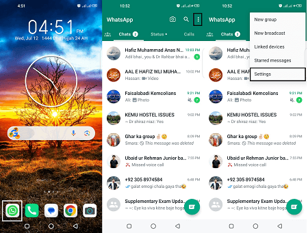Opening WhatsApp Settings on an Android device
