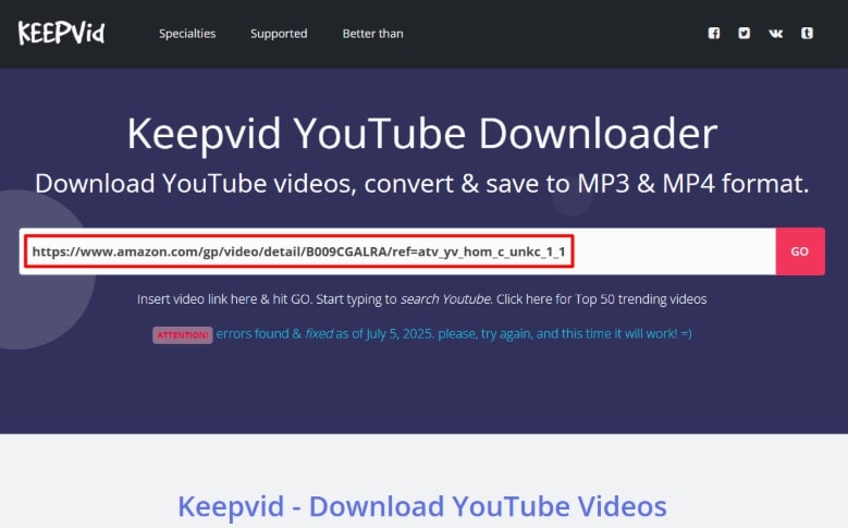 Paste URL of Prime Video in KeepVid