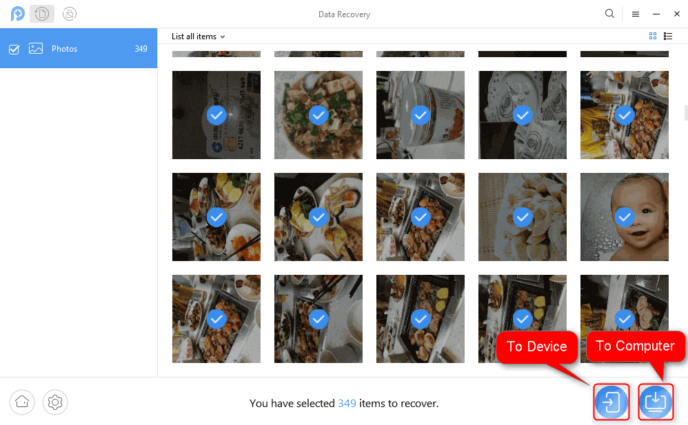 Select Photos and Restore to Phone Directly or Computer