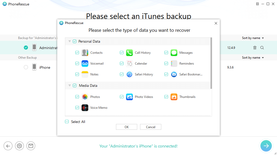 Choose Data in iTunes Backup to Scan
