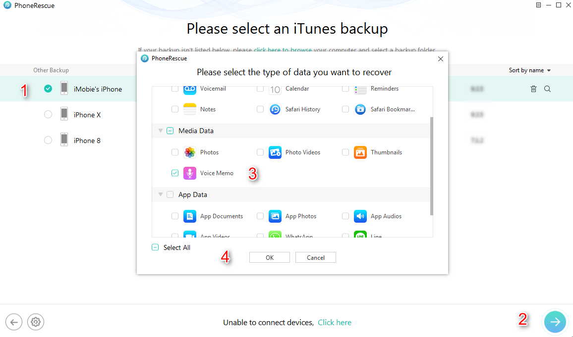 Click Voice Memo to Recover in iTunes Backup